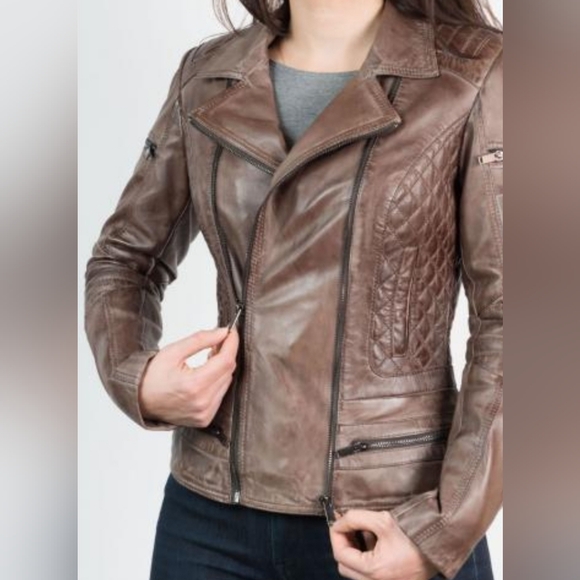 Urban Code genuine Leather Brown Cognac quilted motorcyclesl jacket coat sz US 8 - Picture 6 of 6